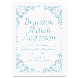 Blue Filigree Frame Birth Announcements 