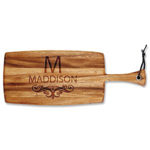 Last Name Scroll Engraved Acacia Wood Paddle Cutting Board
