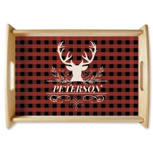 Personalized Buffalo Plaid Natural Wood Serving Tray
