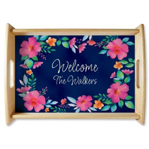 Personalized Floral Family Name Natural Wood Serving Tray
