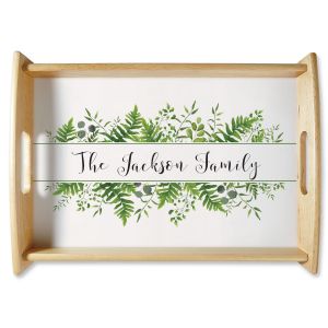 Personalized Family Name & Greenery Natural Wood Serving Tray