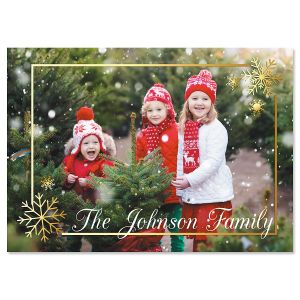 Golden Snowflake Horizontal Personalized Photo Christmas Cards