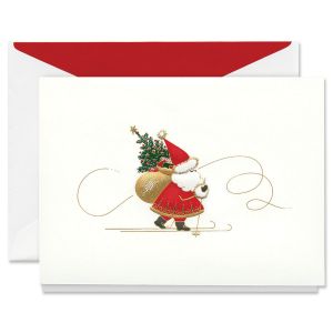 Engraved Skiing Santa Holiday Greeting Cards Boxed Set