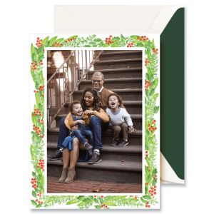 Watercolor Holly & Berries Mounted Photo Christmas Cards Boxed Set